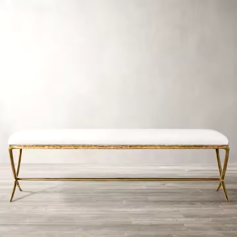 Milano Golden Forged Iron Frame Beige Fabric Bench and Ottoman