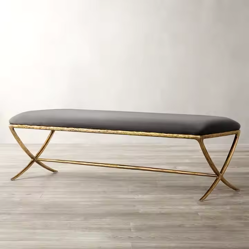 Milano Golden Forged Iron Frame Beige Fabric Bench and Ottoman