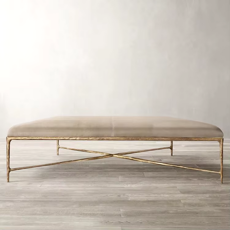 Milano Golden Forged Iron Frame Beige Fabric Ottoman